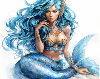 Paquete de 15 imágenes prediseñadas de sirenas, ilustraciones de sirenas encantadas, imágenes prediseñadas de acuarela imprimibles, JPG de alta calidad, manualidades de papel, revistas basura