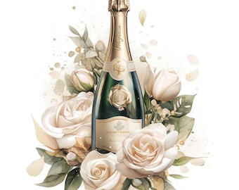 May include: A watercolor illustration of a champagne bottle with gold foil and a green body, surrounded by white roses and green leaves. The bottle has a gold foil top and a label with text.