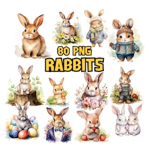 Clipart Lapins Aquarelle | Lapin mignon, bébé lapin, lapin mignon, illustrations d'animaux de Pâques | Téléchargement instantané pour une utilisation commerciale
