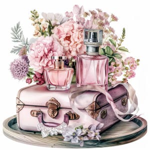 Op de afbeelding: Twee roze parfumflesjes met zilveren dopjes en een roze vintage koffer met een roze lint op een houten dienblad met roze bloemen.