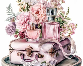 May include: Two pink perfume bottles with silver caps and a pink vintage suitcase with a pink ribbon on a wooden tray with pink flowers.