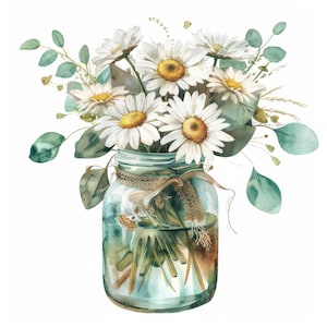 28 margherite in vaso clipart bundle, fiori, clipart acquerello stampabile, JPG di alta qualità, download digitale, artigianato di carta, diari spazzatura