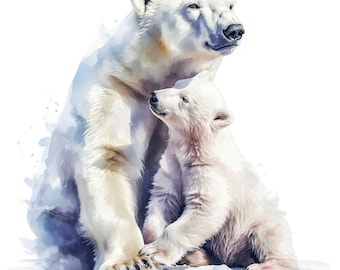13 Polar Bear And Cub Clipart, Cute Bear Images, Printable Watercolor Clipart, High Quality JPG, Commercial Use, Paper Crafts, Junk Journals