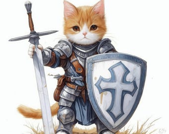 Pacote com 10 cliparts de cavaleiros gatos de fantasia, ilustrações medievais engraçadas, clipart em aquarela para impressão, JPG de alta qualidade, artesanato em papel, diário