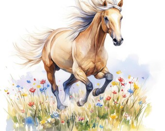 12 Horse In Meadow Clipart, Vintage Clipart Digital Set, Printable Watercolor Clipart, Instant Digital Download, Scrapbooking, Junk Journals