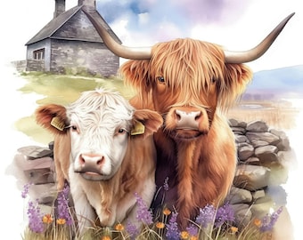 16 Highland Cow Farm Clipart Set, Farmyard Animal Graphics, Printable Watercolor Clipart, High Quality JPG, Digital Download, Commercial Use