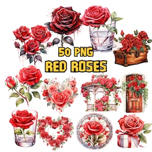 Watercolor Red Roses Clipart Bundle, Roses and Leaves Clipart Set, Red Rose Illustrations, Photo Frame PNG Graphics for Commercial Use Image