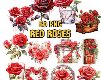 Watercolor Red Roses Clipart Bundle, Roses and Leaves Clipart Set, Red Rose Illustrations, Photo Frame PNG Graphics for Commercial Use Image