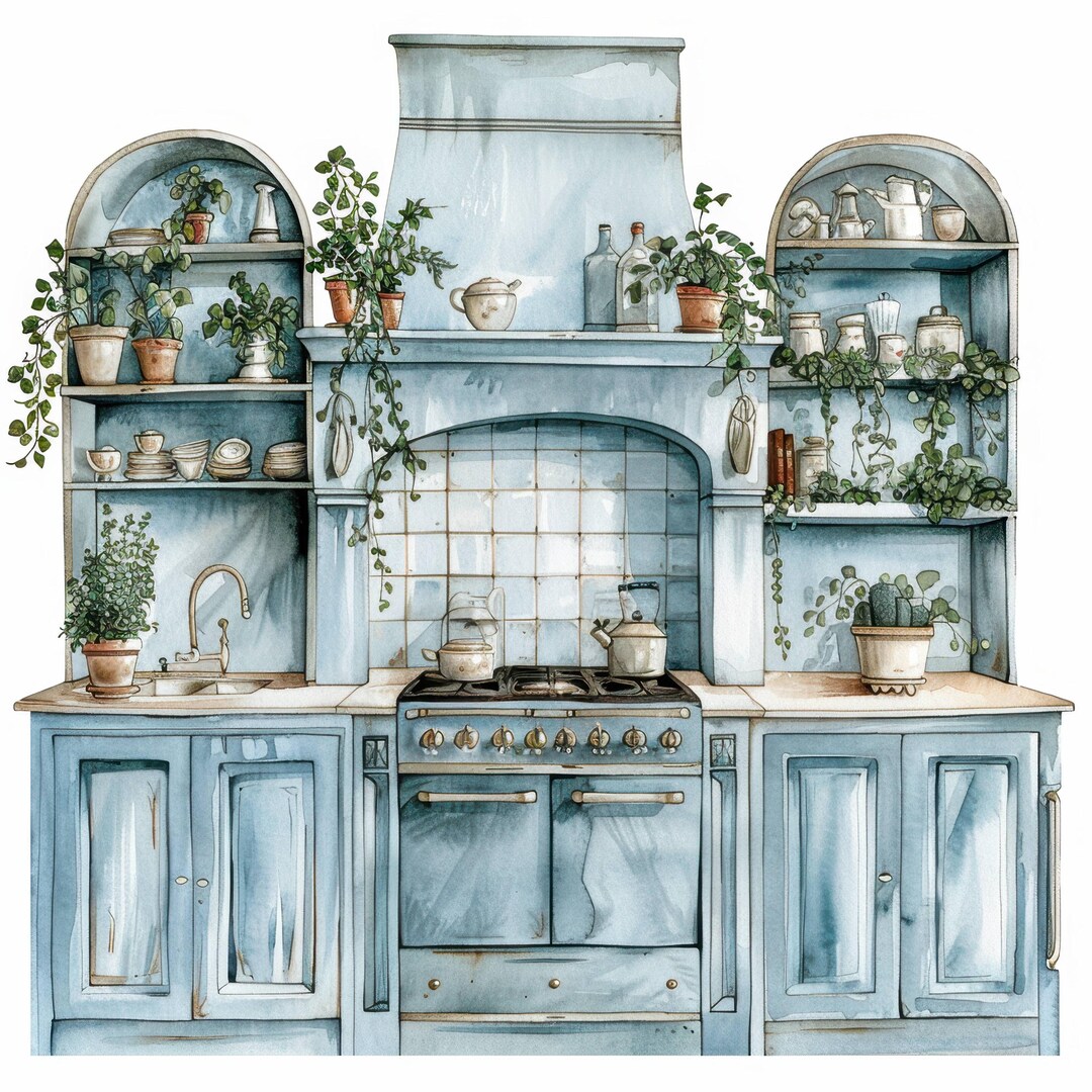 vintage floral kitchen scene clipart set graphic by... 13 Vintage Floral Kitchen Clipart Bundle Set 2, Shabby Chic,watercolor ...