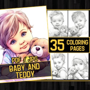 Baby and Teddy 35 Coloring Page Book, Adults kids Instant Download, Grayscale Coloring Pages, Printable PDF JPG, baby coloring, teddy bear