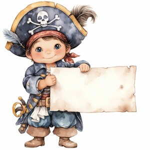 Cartoon Pirates with Labels Clip Art 17 High Res Watercolor JPGs Junk Journaling, Scrapbooking, Card Making, Digital Download, Paper Crafts