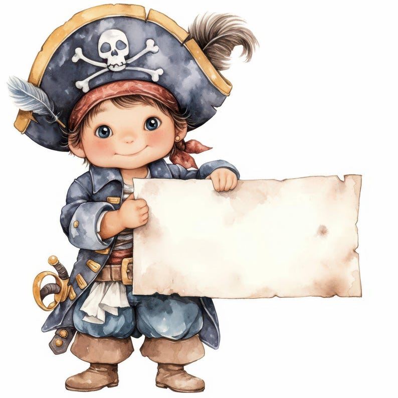Cartoon Pirates with Labels Clip Art 17 High Res Watercolor JPGs Junk Journaling, Scrapbooking, Card Making, Digital Download, Paper Crafts
