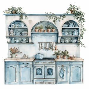 vintage floral kitchen scene clipart set graphic by... 13 Vintage Floral Kitchen Clipart, Shabby Chic, Printable Watercolor ...