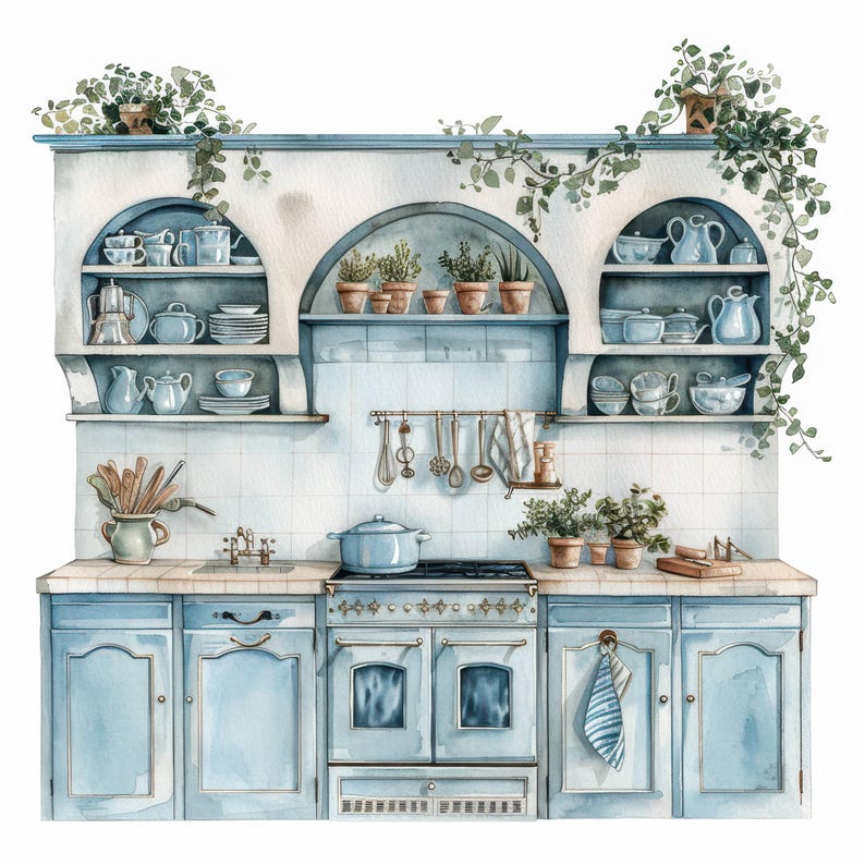 13 Vintage Floral Kitchen Clipart, Shabby Chic, Printable Watercolor ...