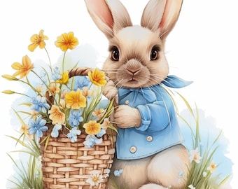18 Spring Bunny Clipart Bundle, Floral Rabbit Illustrations, Printable Watercolor Clipart, High Quality JPG, Paper craft, Junk Journals
