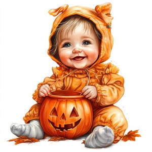 10 Halloween Pumpkin Kids Clipart Bundle, Printable Watercolor Cute Kids Clipart, High Quality JPGs, Paper craft, junk journals, Card Making