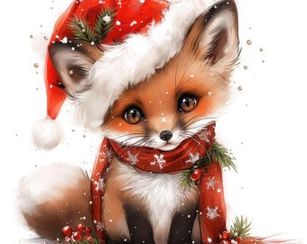 11 Christmas Fox Clipart, Wildflower Fox Clipart Images, Printable Watercolor Clipart, Instant Digital Download, Scrapbooking, Junk Journals