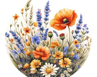 14 Wildflower Circular Decor Clipart, Botanical Floral, Printable Watercolor Clipart, Instant Digital Download, Scrapbooking, Junk Journals