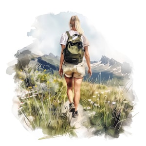 10 set di clipart di donne che camminano nella natura, escursioni in montagna, clipart di acquerelli stampabili, JPG di alta qualità, artigianato di carta, diari spazzatura