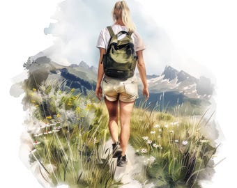 10 Woman Wallking in Nature Clipart Bundle Set, Mountain Hiking, Printable Watercolor clipart, High Quality JPGs, Paper craft, junk journals