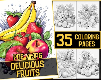 Delicious Fruits 35 Coloring Page Book, Grayscale Fruit Coloring, Printable PDF & JPG, Adult Coloring Book, Instant Download, Food Coloring