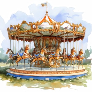 Pacote com 14 cliparts de carrossel, ilustrações de imagens de carrossel, clipart de aquarela para impressão, JPG de alta qualidade, artesanato em papel, diário de sucata