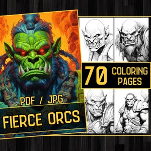 70 Fierce Orcs Coloring Page Book, Adults kids Instant Download - Grayscale Coloring Pages - Printable PDF,fantasy coloring,orc coloring