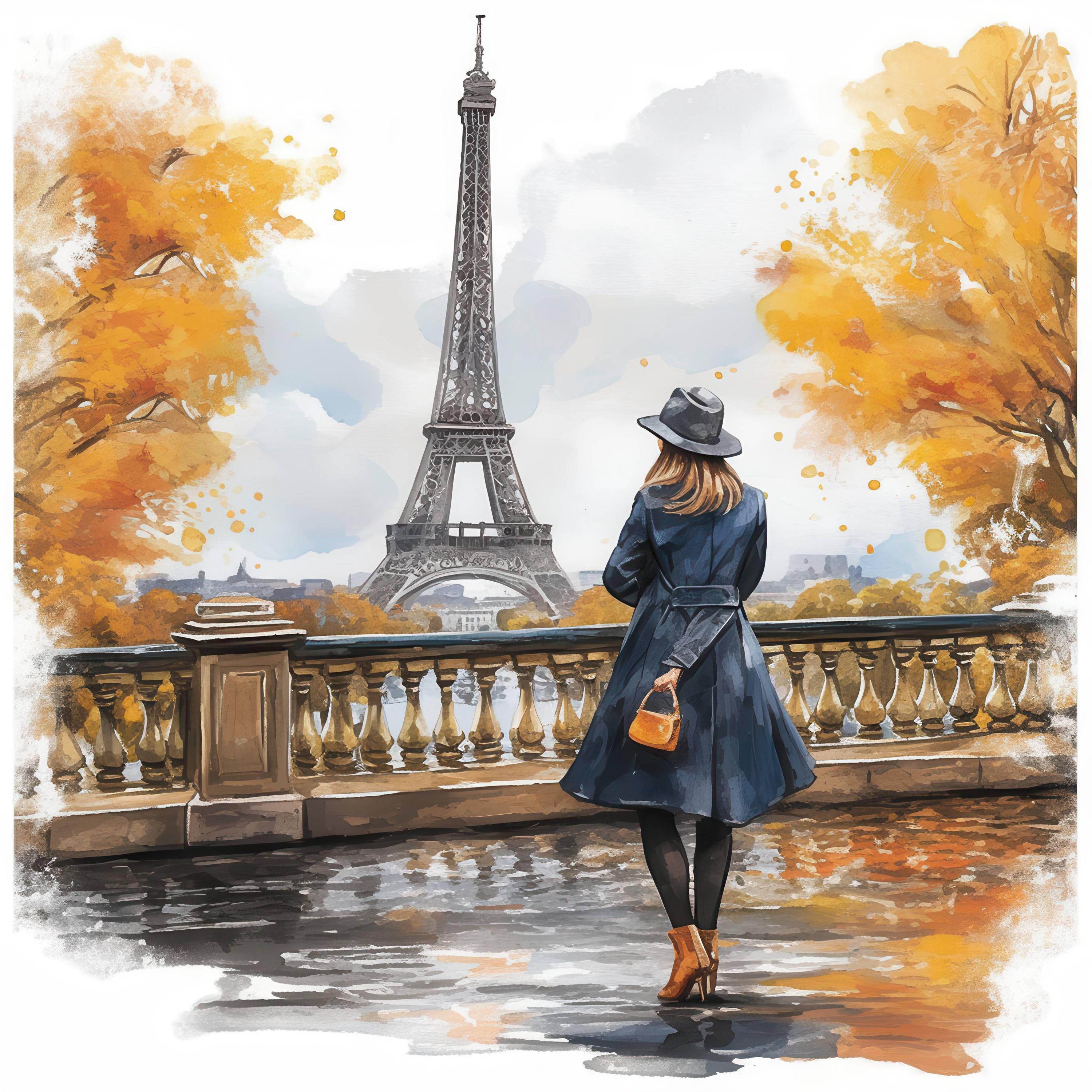 エッフェル塔を眺める女性10人のイラストセット、水彩画のプリント可能