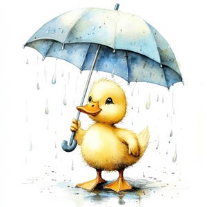 Puede incluir: Ilustración en acuarela de un patito amarillo sosteniendo un paraguas azul bajo la lluvia. El patito tiene pico y patas naranjas, con un cuerpo esponjoso. Gotas de lluvia caen alrededor del patito y el paraguas.