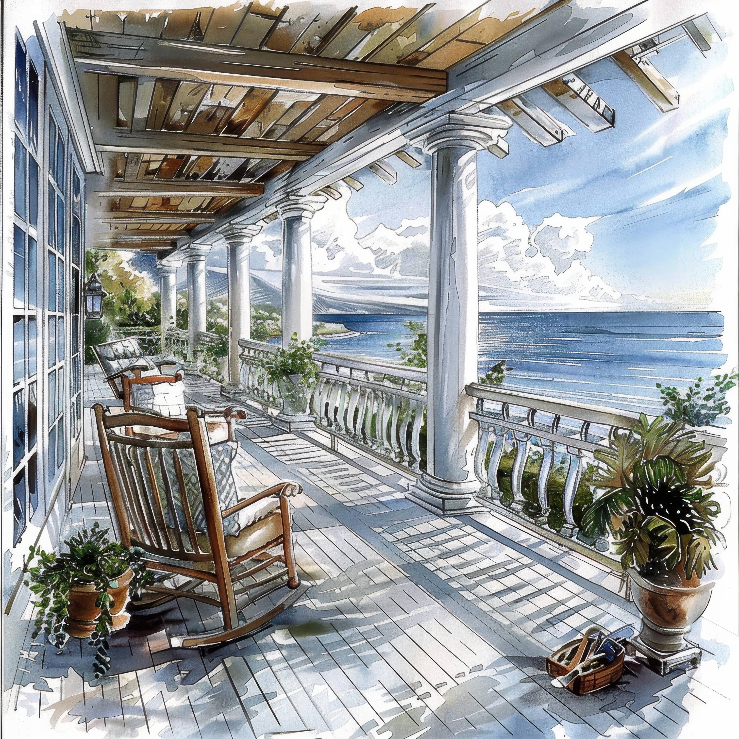 Veranda Draw 18 Ocean Veranda Clipart Bundle, Ocean View Images Illustrations ...