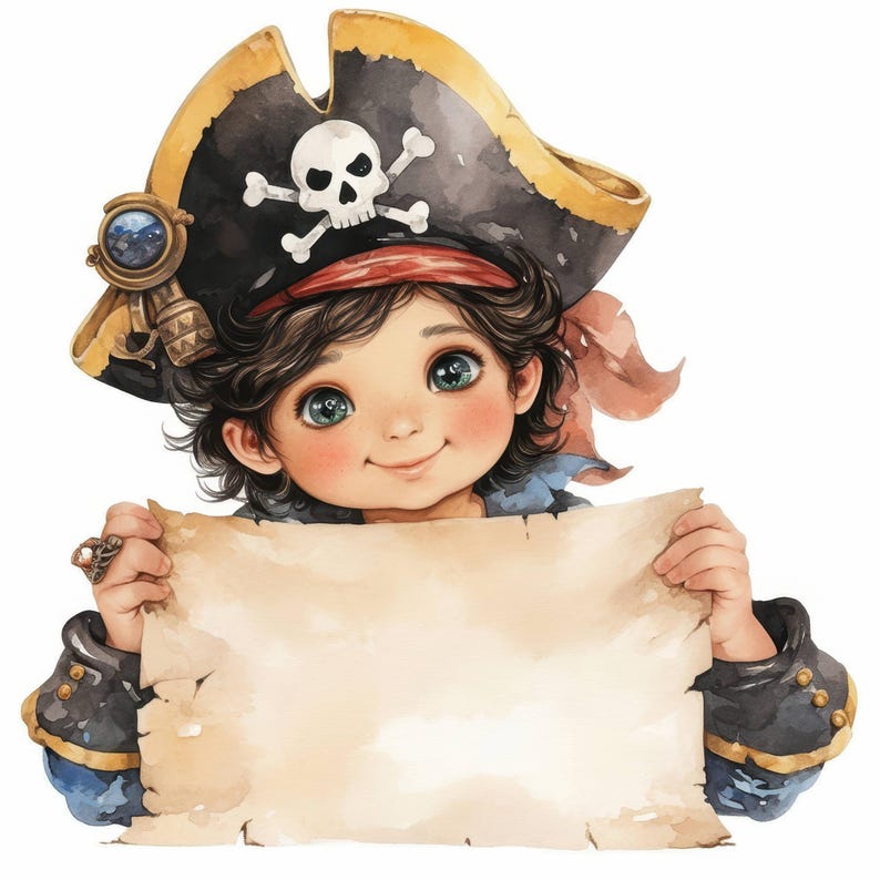 Cartoon Pirates with Labels Clip Art 17 High Res Watercolor JPGs Junk Journaling, Scrapbooking, Card Making, Digital Download, Paper Crafts