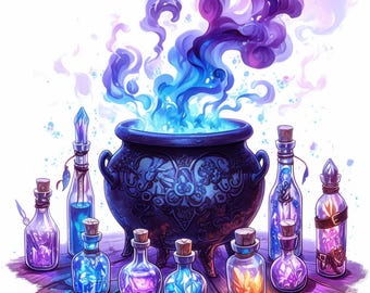 17 Witchs Magical Cauldron Clipart Illustration Bundle, Printable Watercolor Clipart, High Quality JPGs, Paper craft, journal, Card Making