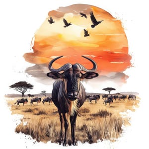 Puede incluir: Pintura a la acuarela de un ñu en un paisaje de sabana. La obra presenta un ñu grande, de color oscuro, con cuernos curvos, sobre un cielo de puesta de sol con pájaros volando. Otros ñus pastan en el fondo.