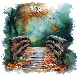 17 Mossy Stream Bridge clipartbundel, serene beeldillustraties, afdrukbare aquarel clipart, hoge kwaliteit JPG, Paper Craft, Junk Journals