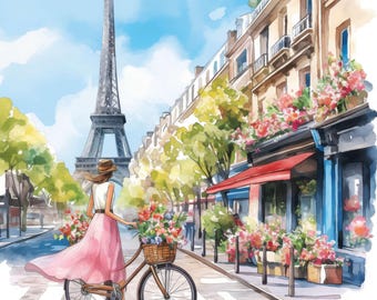 11 Woman Paris Street Clipart, Floral Bicycle, Printable Watercolor Clipart, High Quality JPG, Commercial Use, Paper Crafts, Junk Journals
