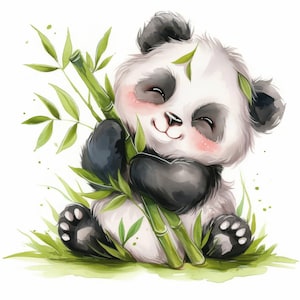 Pacote de 10 clipart de panda de bambu feliz, ilustração de panda, criação de cartões, JPG de alta qualidade, clipart de aquarela para impressão, artesanato em papel, diário