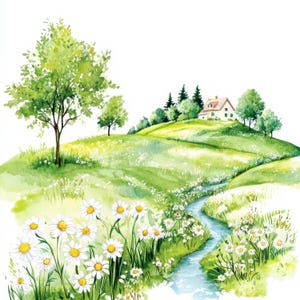 Paquete de 24 imágenes prediseñadas de paisajes primaverales, imágenes prediseñadas de primavera, imágenes prediseñadas de acuarela imprimibles, JPG de alta calidad, descarga digital, manualidades de papel, diarios