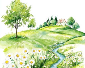 24 Frühlingslandschaften, Clipart Bundle, Frühlings Clipart, druckbare Aquarell Clipart, hochwertige JPG, digitaler Download, Papiermodell, Zeitschriften