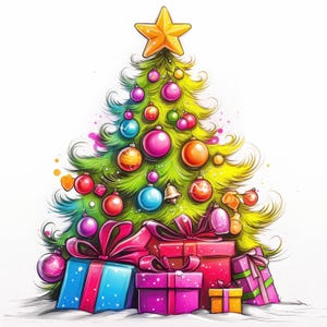 Puede incluir: Un árbol de Navidad verde decorado con adornos coloridos y una estrella amarilla en la cima. Regalos envueltos en varios colores se colocan en la base del árbol.