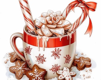 クリスマスコーヒークリップアート11点セット、クリスマスの心温まるイラスト、印刷可能な水彩クリップアート、高品質JPG、ペーパークラフト、ジャンクジャーナル