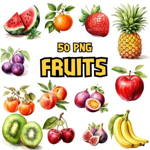 Imágenes prediseñadas de frutas en acuarela: manzana, albaricoque, aguacate, sandía, plátano, baya, 50 imágenes PNG independientes, descarga instantánea para uso comercial