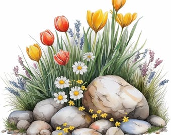 21 春の石の花壇のクリップアート | 鮮やかな花の庭のデザイン | 印刷