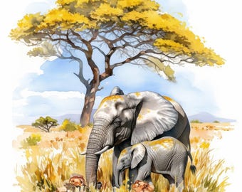 15 Elephant at Safari Clipart Bundle, Printable Watercolor Safari Images, Animal Card Making Illustration, High Quality JPG, Paper Crafts