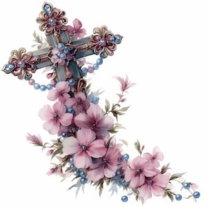 11 Blumen Rosenkranz Kreuz Clipart Bundle, druckbares Aquarell Osterkreuz Bild, hochwertige JPG, digitaler Download, Papierhandwerk, Junk Journal