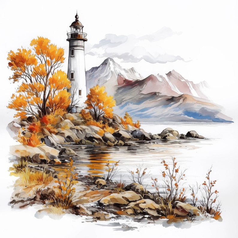 14 Autumn Lighthouse Clipart Bundle , Printable Watercolor Fall Tower ...