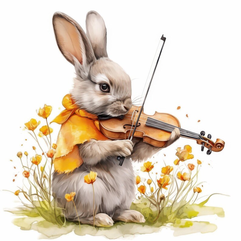 11 Bunny Playing Violin Clipart Set, Cute Rabbit Graphics, Printable ...
