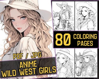 May include: 80 coloring pages of anime girls in a wild west setting. The pages are in black and white and feature girls wearing cowboy hats and riding horses. PDF / JPG.