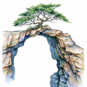 May include: Watercolor illustration of a tree growing on a stone arch. The tree has green leaves and a brown trunk. The arch is made of layered tan and blue rocks, creating a natural bridge.