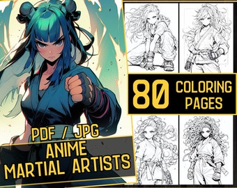 Anime Martial Artists Adult Coloring Book 80 Coloring Pages,Grayscale Fighter Warrior Anime Manga Coloring,Instant,Printable PDF & JPG