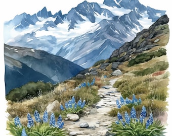May include: A watercolor painting of a mountain path leading up to a snow-capped mountain range. The path is lined with blue wildflowers and surrounded by green grass and rocks.